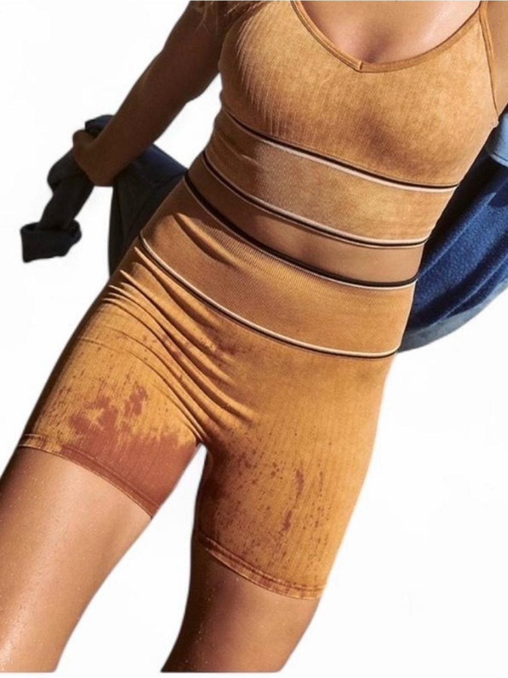 Free People Varsity Ribbed Athletic Bike Shorts with Blue Contrast Waistband
